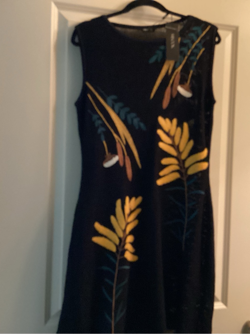 Misook Black Sleeveless Dress with Yellow and Teal Botanical Print